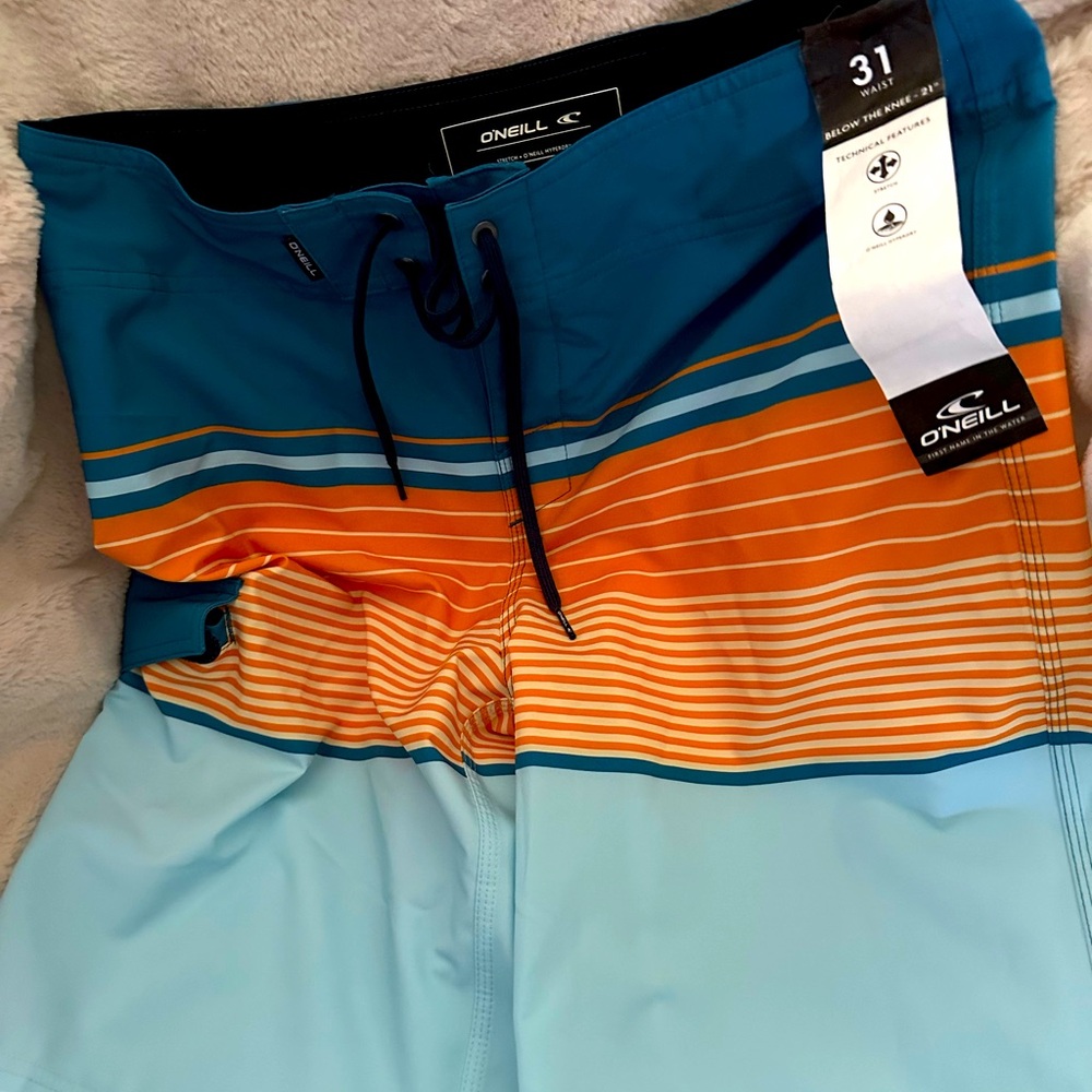 O'Neill Teal Orange Light Blue Striped Men's Board Shorts